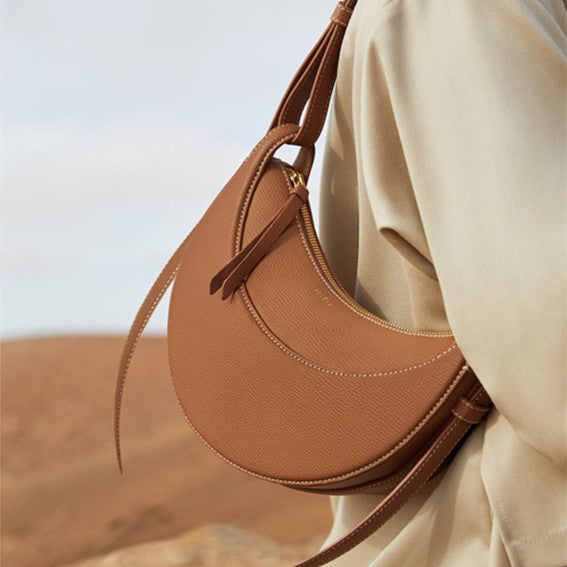 Litchi Leather Crescent Shoulder Bag