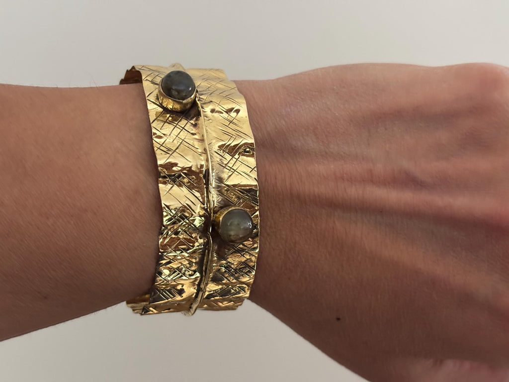 Textured Gold Cuff Bracelet with Gemstone Accents Adjustable Wrap