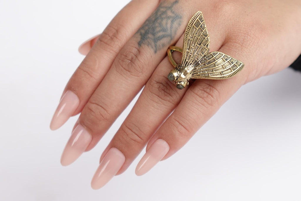 Adjustable Brass Insect Wing Ring Antique Gold Statement Jewelry