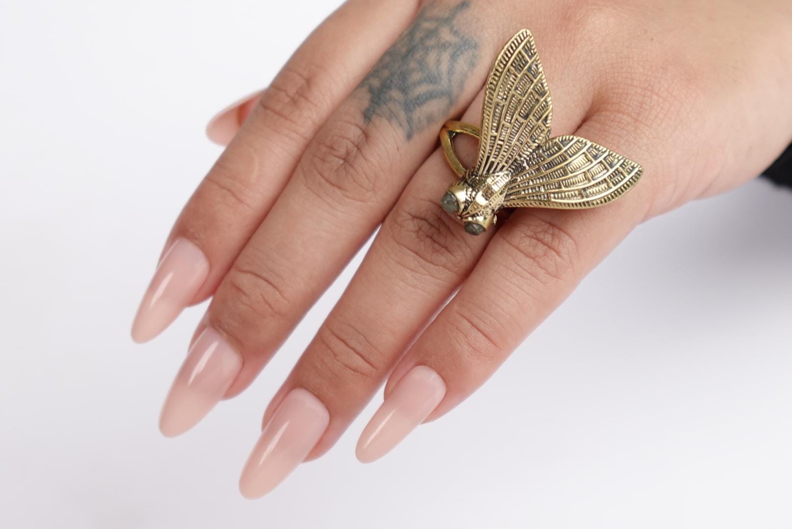 Adjustable Brass Insect Wing Ring Antique Gold Statement Jewelry