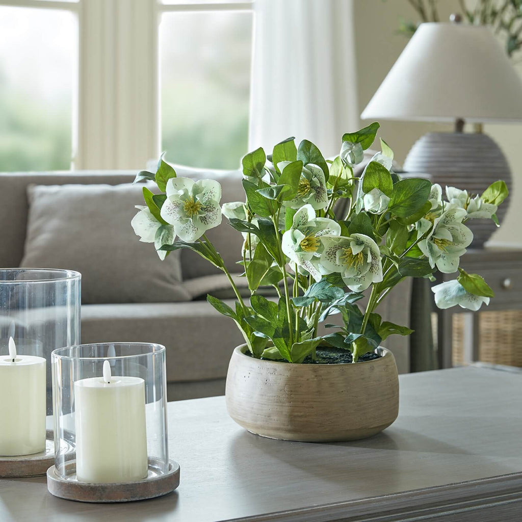 Lifelike faux green hydrangea plant with white blooms and lush foliage, 58cm tall, perfect for home decor. by Sostter at brixbailey.com