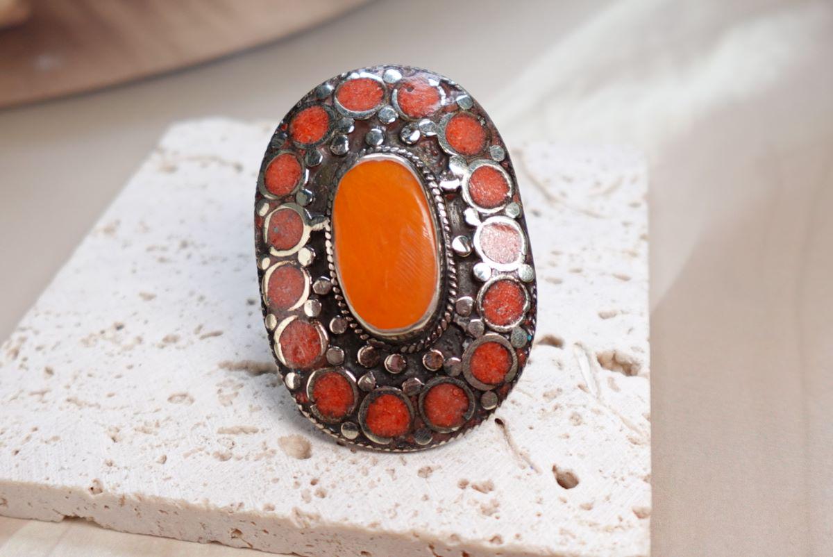 Large Adjustable Tibetan Silver Ring with Turquoise and Coral Inlay