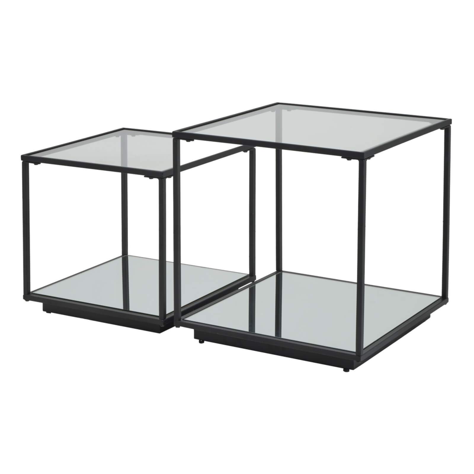 Pair of modern black metal side tables with glass tops, minimalist contemporary design by Sostter at brixbailey.com