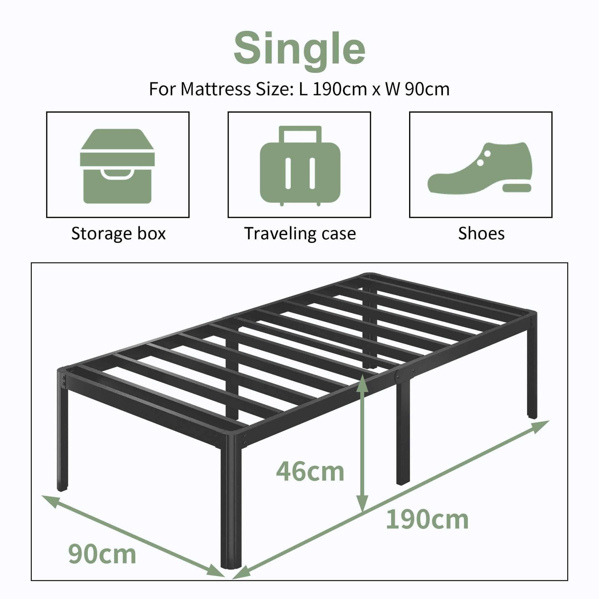 Single Bed Frame 3ft White Metal with Rounded Legs and Steel Slats