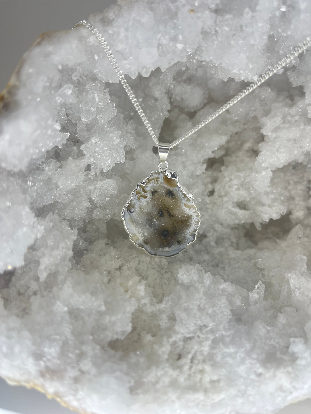 Natural Open Agate Geode Necklace in Silver
