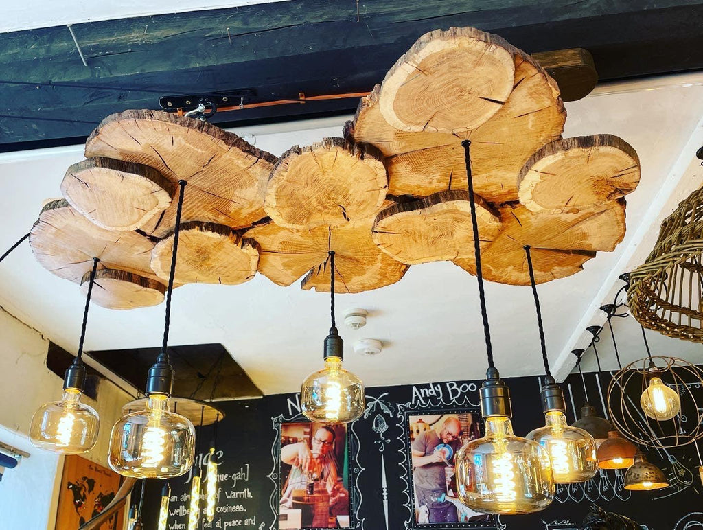 Oak Log Slice Chandelier with Five Bulb Holders