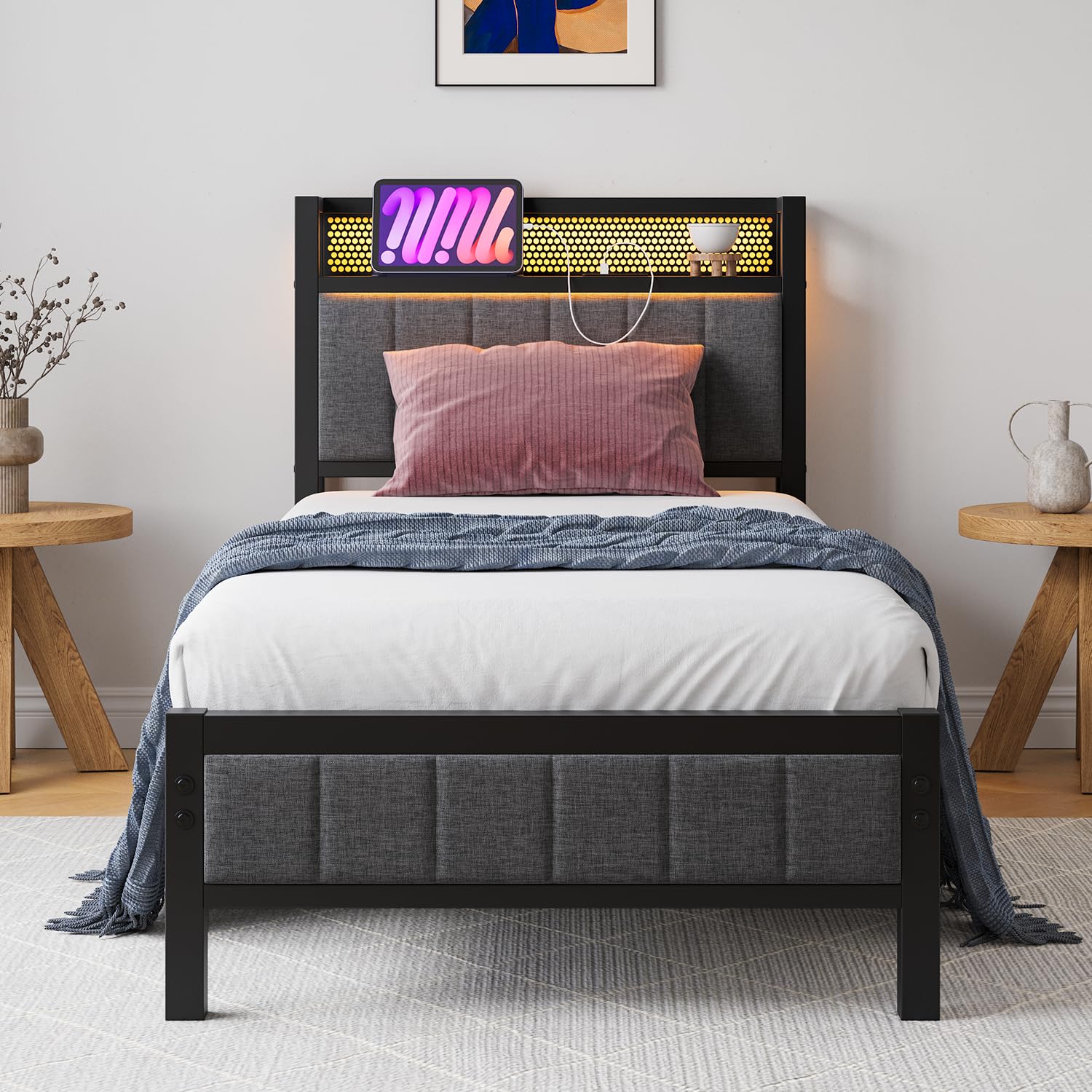 Single Bed Frame with Storage Headboard, USB Charging Station and RGB LED Lights