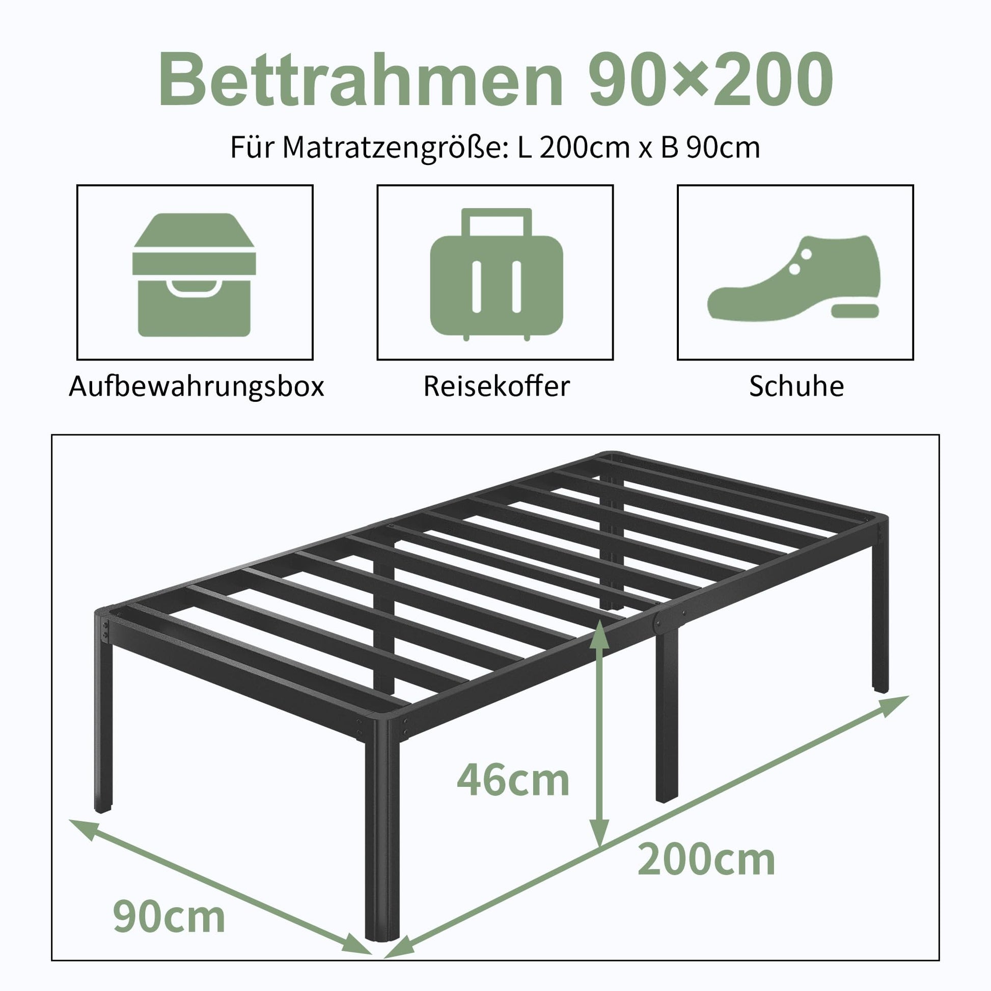 High Metal Bed Frame 90 x 200 cm Single with Round Legs and Slatted Support
