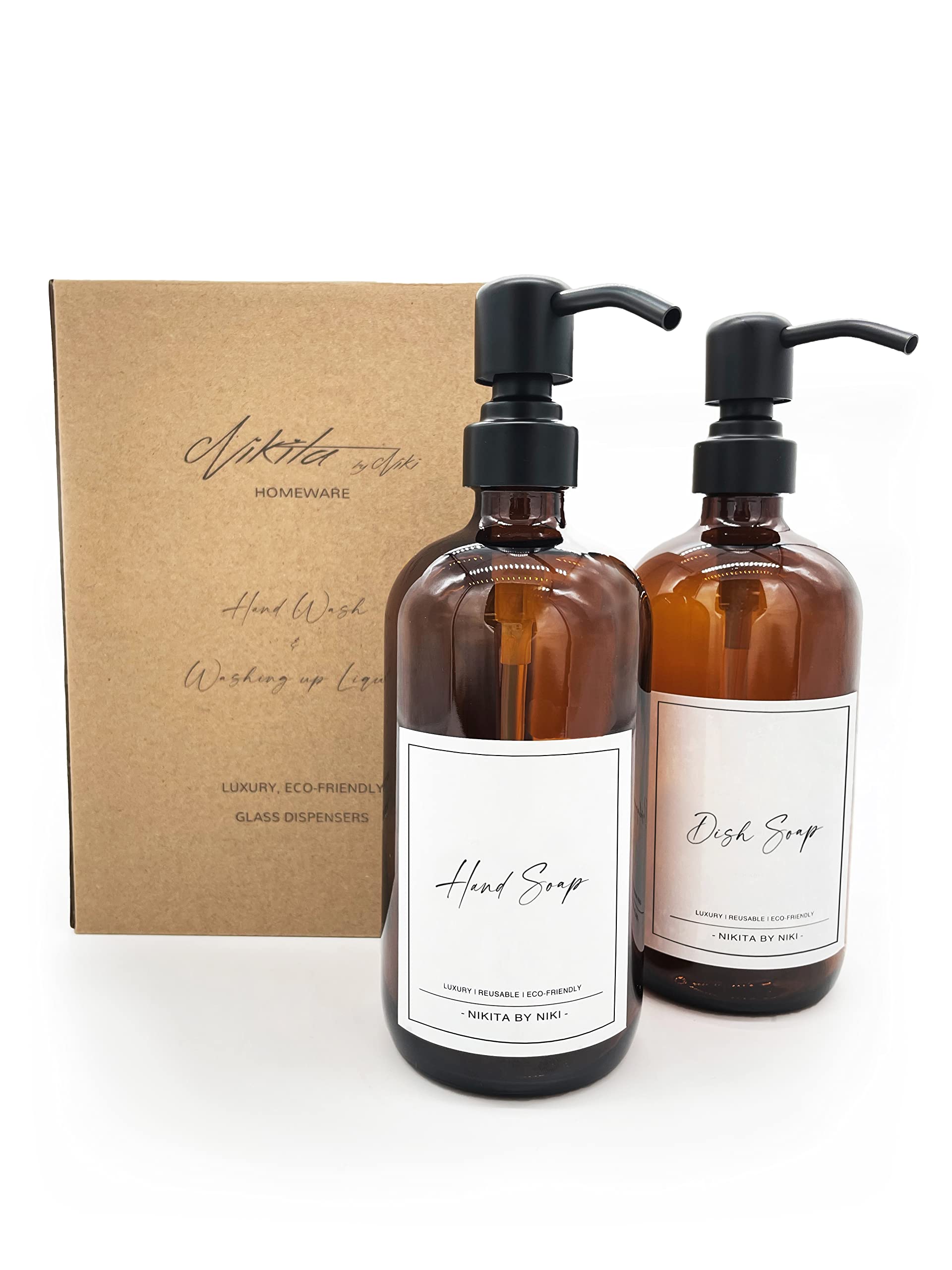 Brown Amber Glass Soap Dispenser Set with Rust Proof Pumps 500ml