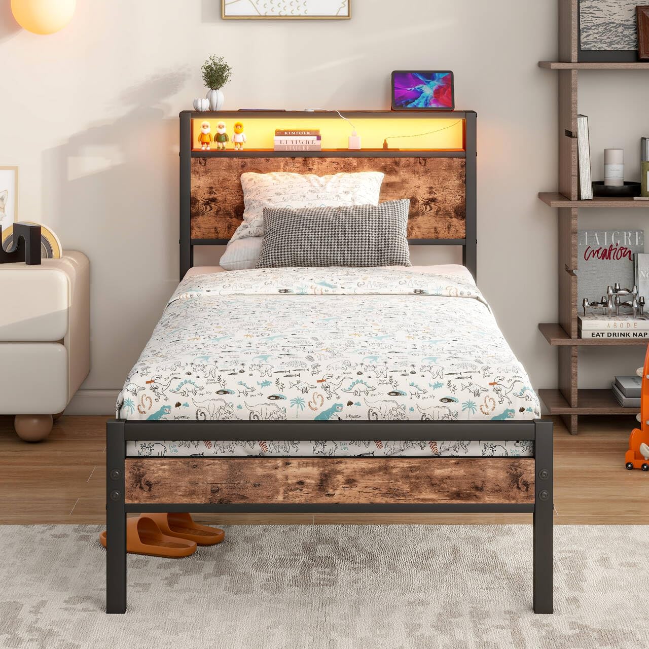 Single Bed Frame with Storage Headboard, LED Lights and Charging Station