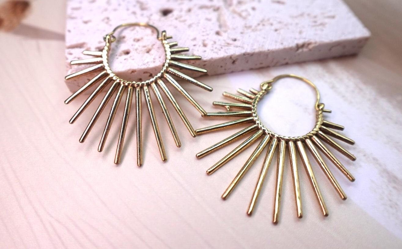 Boho Brass Sunburst Hoop Earrings