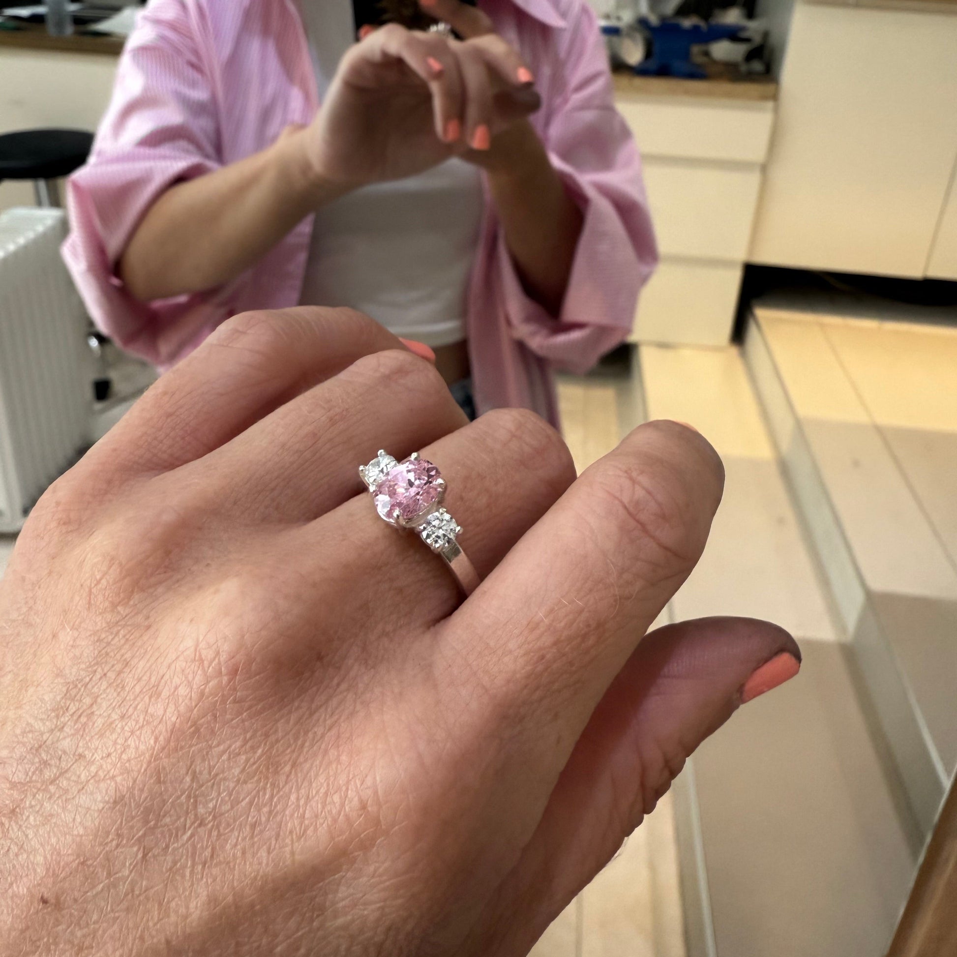 Silver Pink Topaz Trilogy Claw Ring