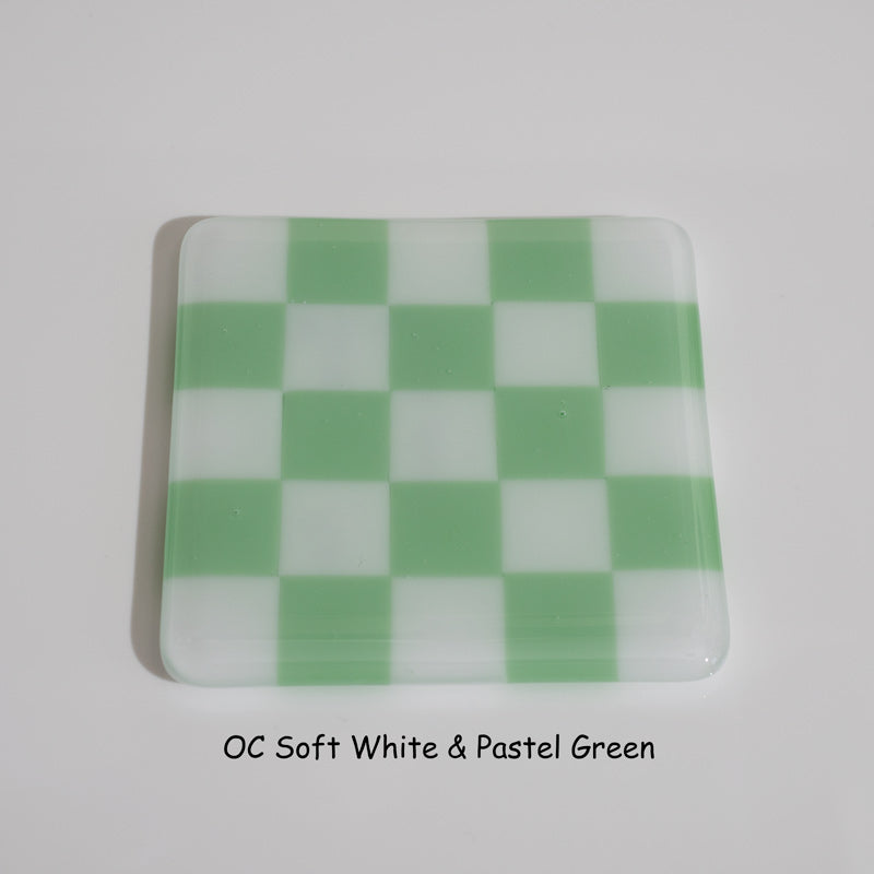 10cm Chequered Soft White Fused Glass Coaster