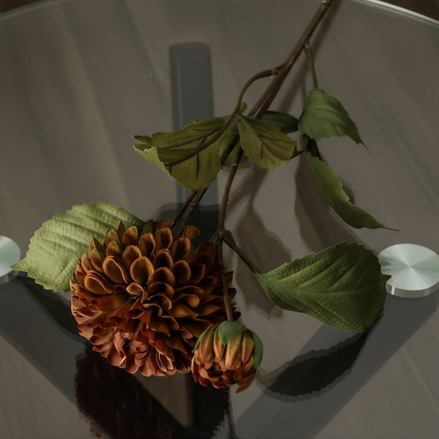 Lifelike mustard artificial dahlia with ball-shaped petals, 62cm tall, perfect for autumn decor arrangements by Sostter at brixbailey.com