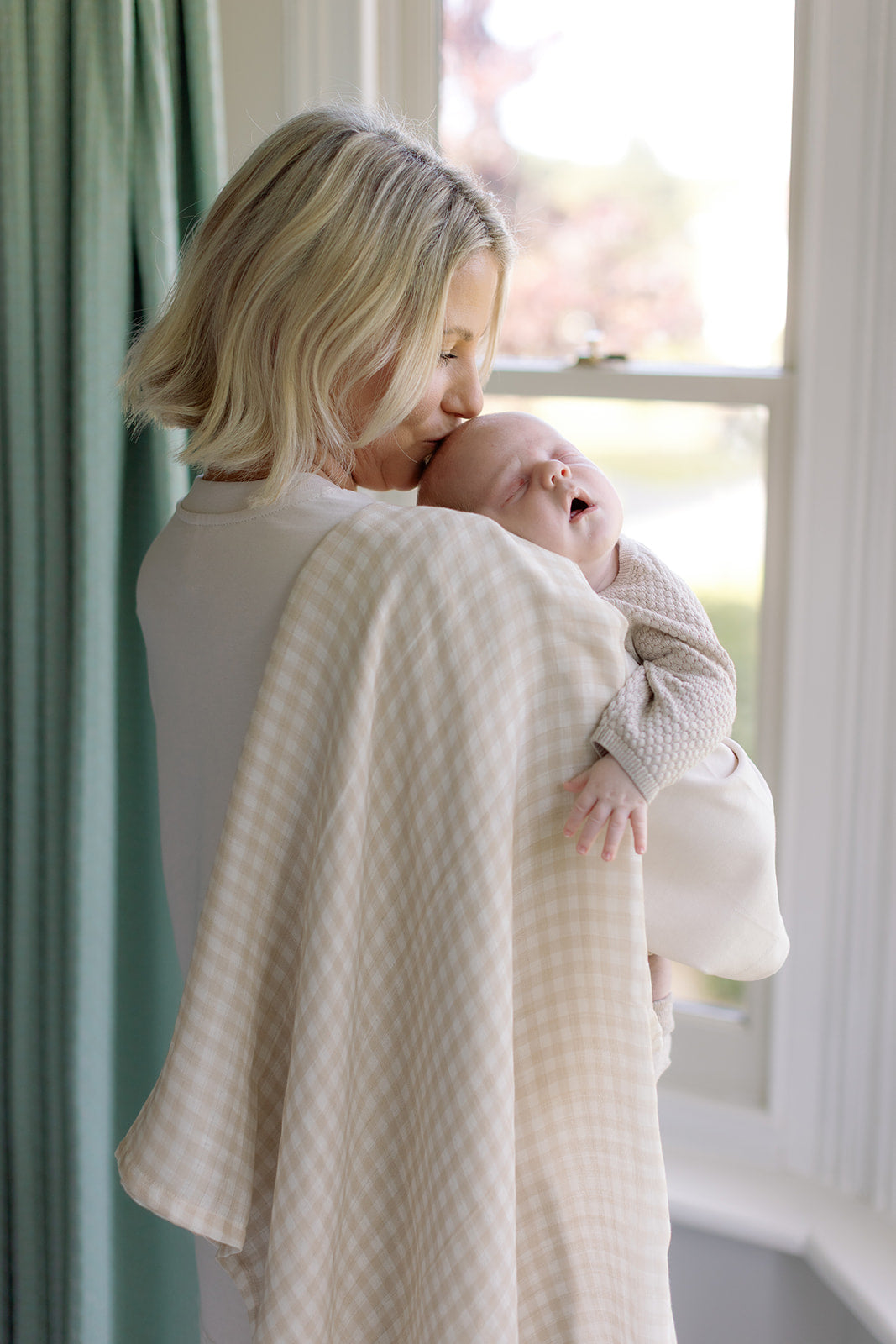 Gingham Beige Large Swaddle Muslin