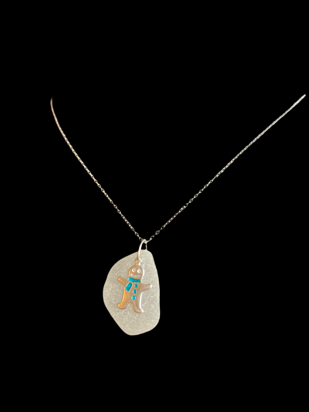 Gingerbread Man Frosted Sea Glass Silver Necklace