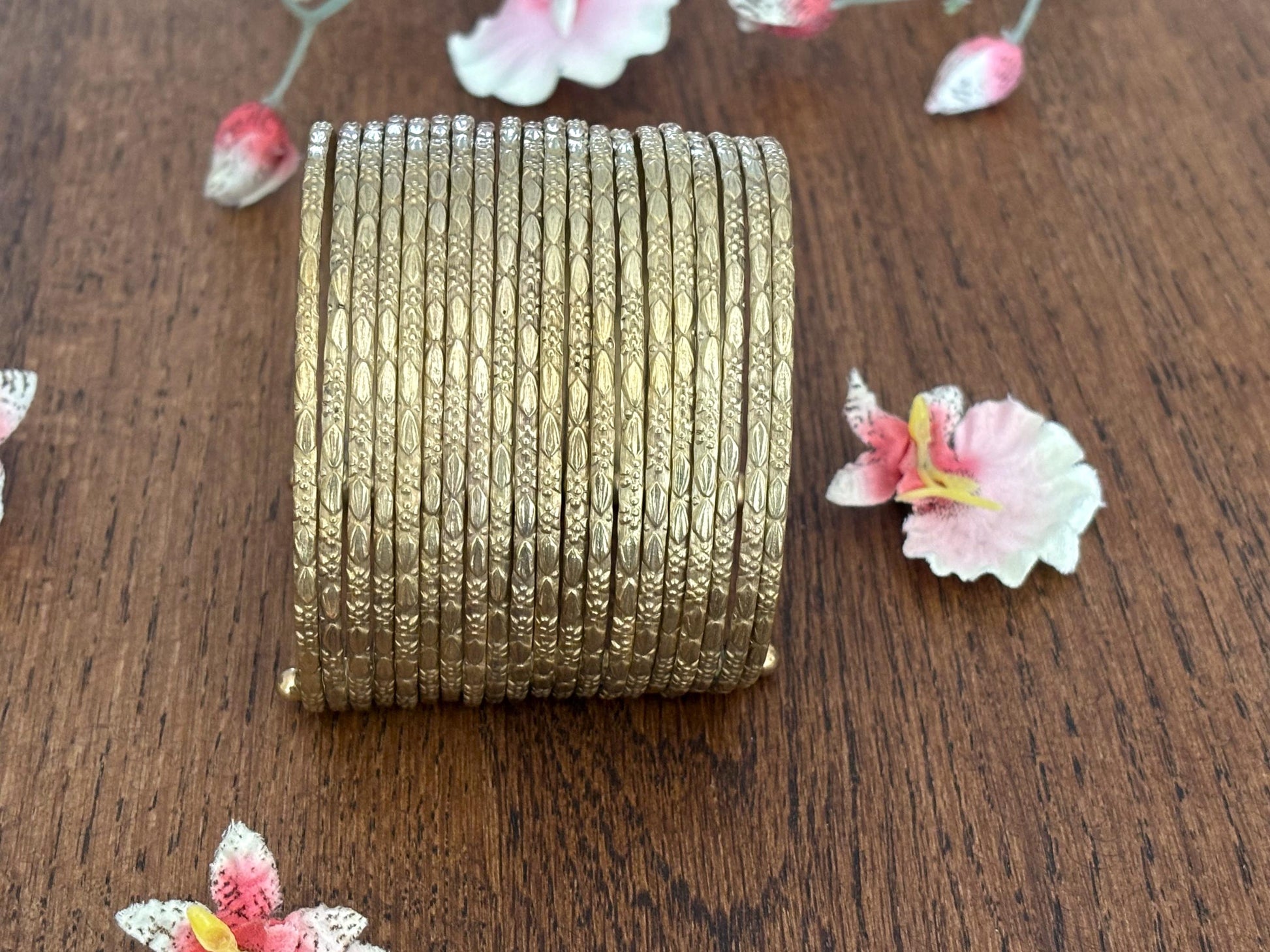 Hammered Gold Finish Adjustable Brass Bangle Stack