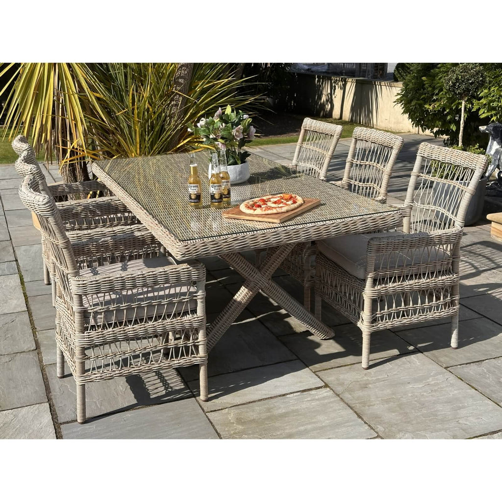 Provence 6-seater outdoor dining set with beige HDPE rattan, aluminum frame, and Olefin cushions for all-weather luxury by sostter at brixbailey.com