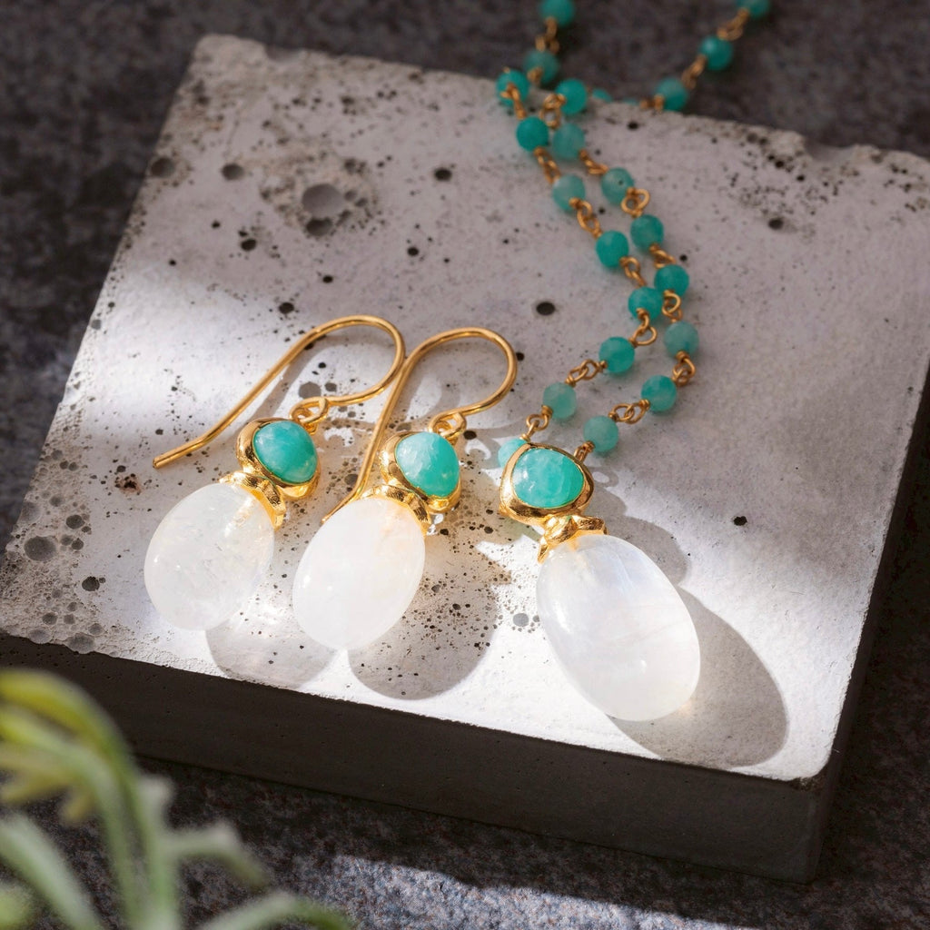 Persephone Double Gemstone Earrings in Moonstone and Amazonite