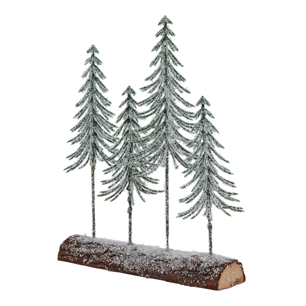 Snow-dusted miniature forest display with four spindle trees on rustic wood log base, winter dÃ©cor centerpiece by sostter at brixbailey.com