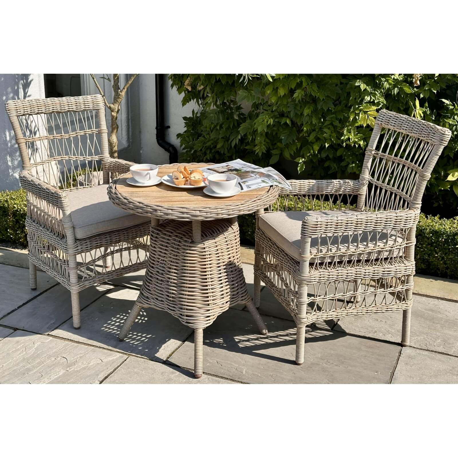 Beige Amalfi bistro table with metal frame and wood top, perfect for outdoor dining, 70x70cm. by sostter at brixbailey.com