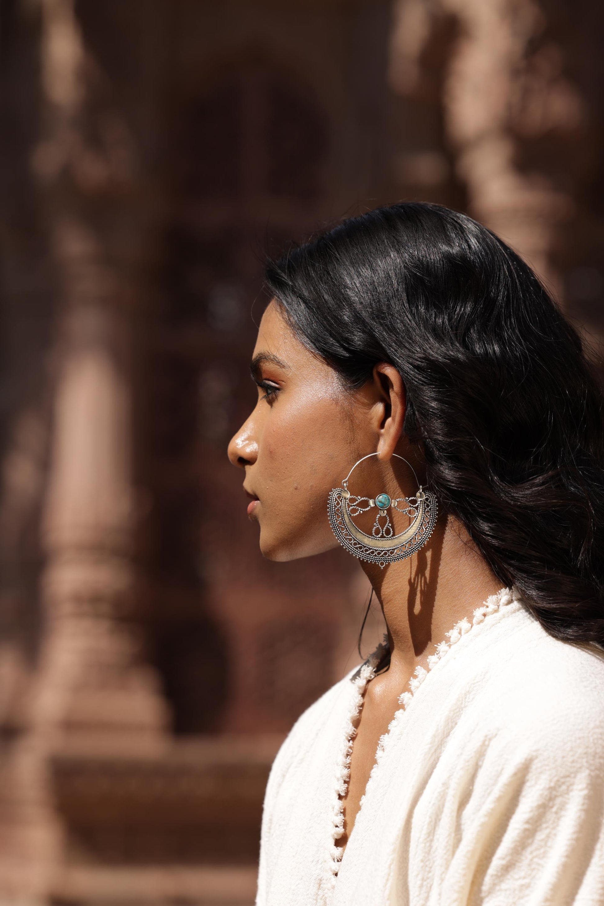 Filigree Crescent Moon Earrings with Gemstone