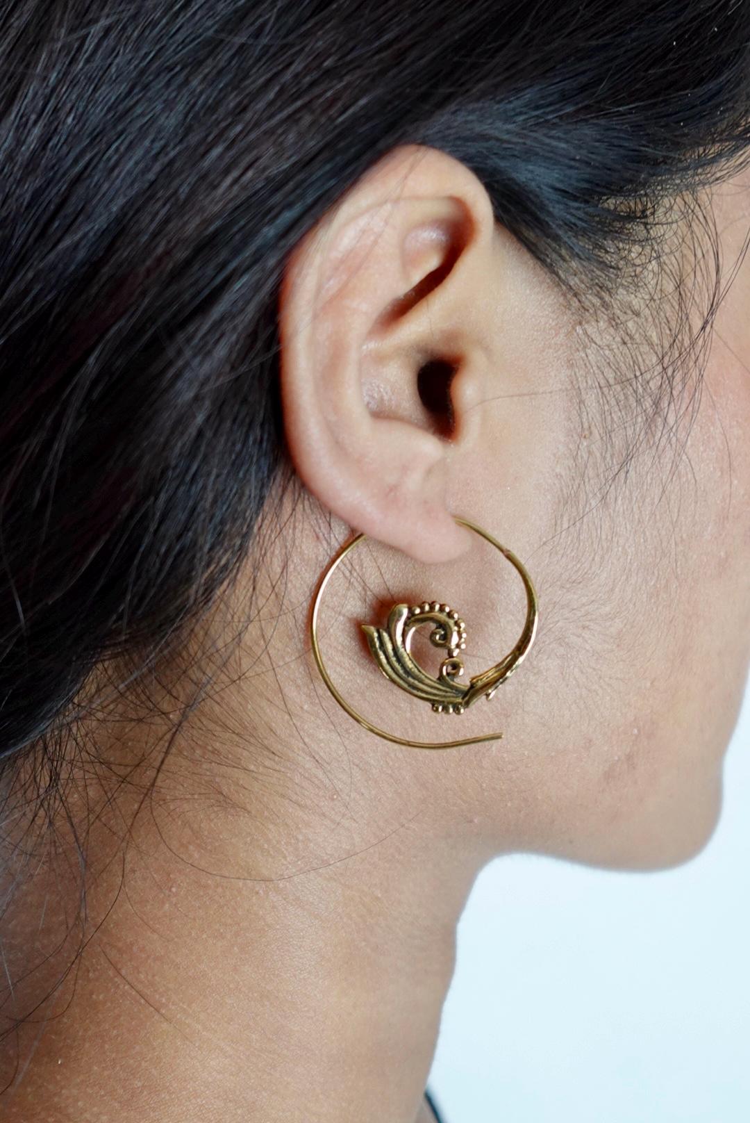 Spiral Shell Brass Hoop Earrings with Swirl Pattern