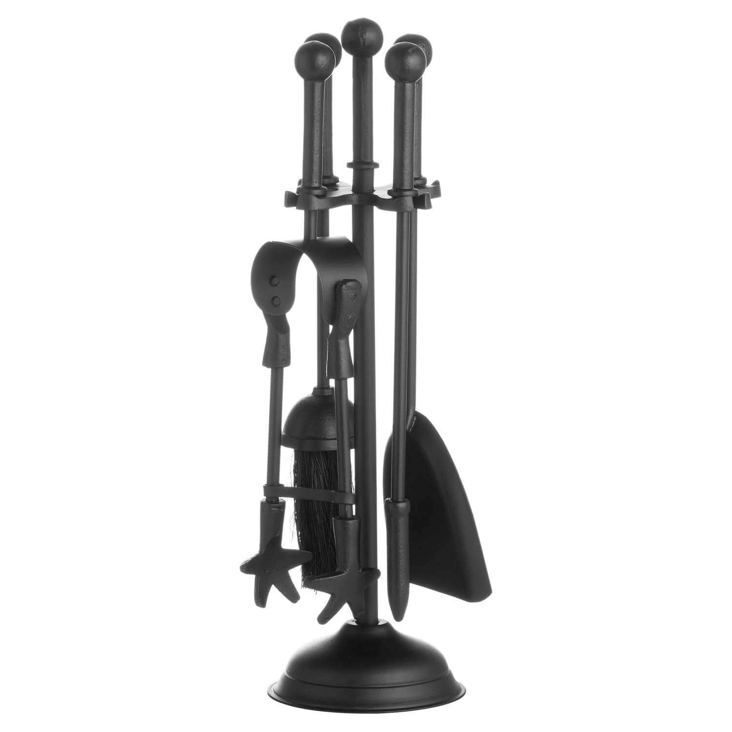 Ball-topped fireplace companion set in matte black, 40cm tall with sleek metal design for traditional or modern interiors by Sostter at brixbailey.com