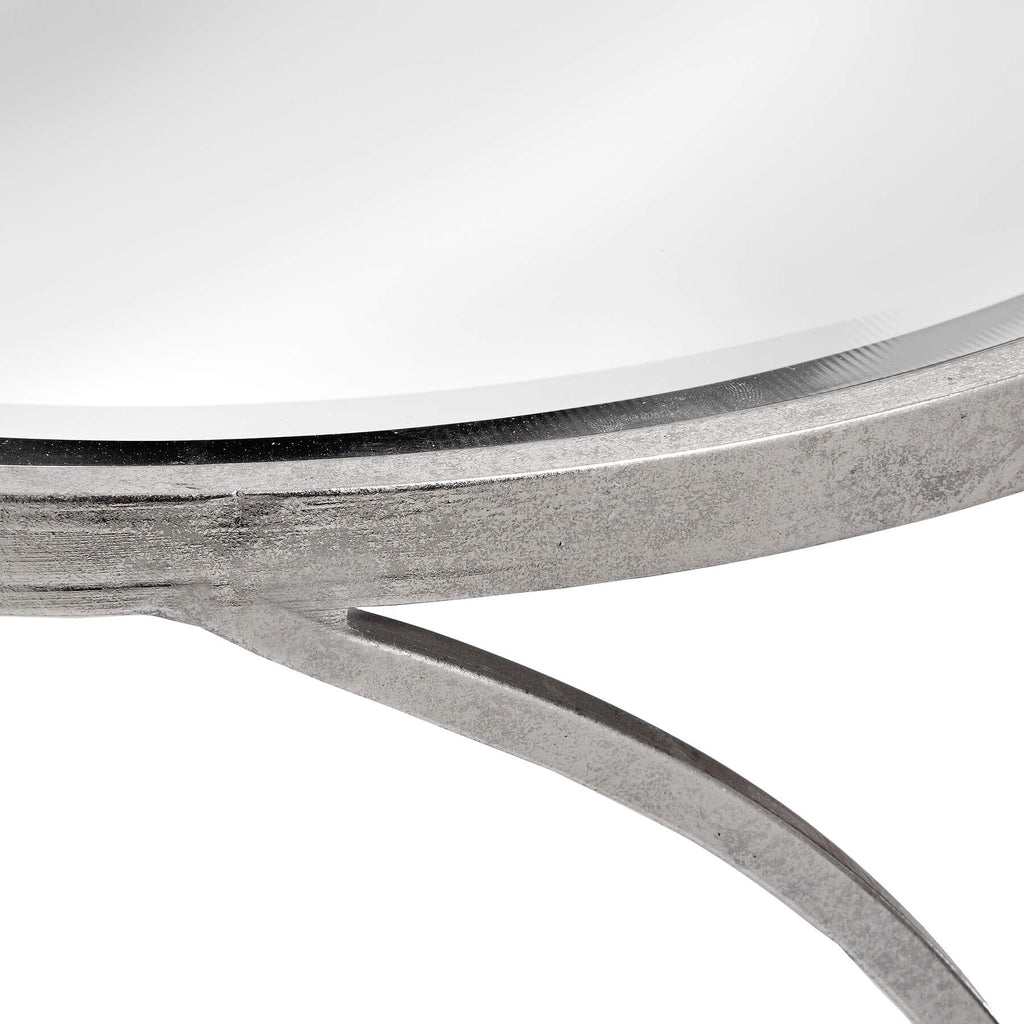 Modern silver mirrored side tables with curved metal frame, set of two for contemporary living room decor by RoomLondon at brixbailey.com