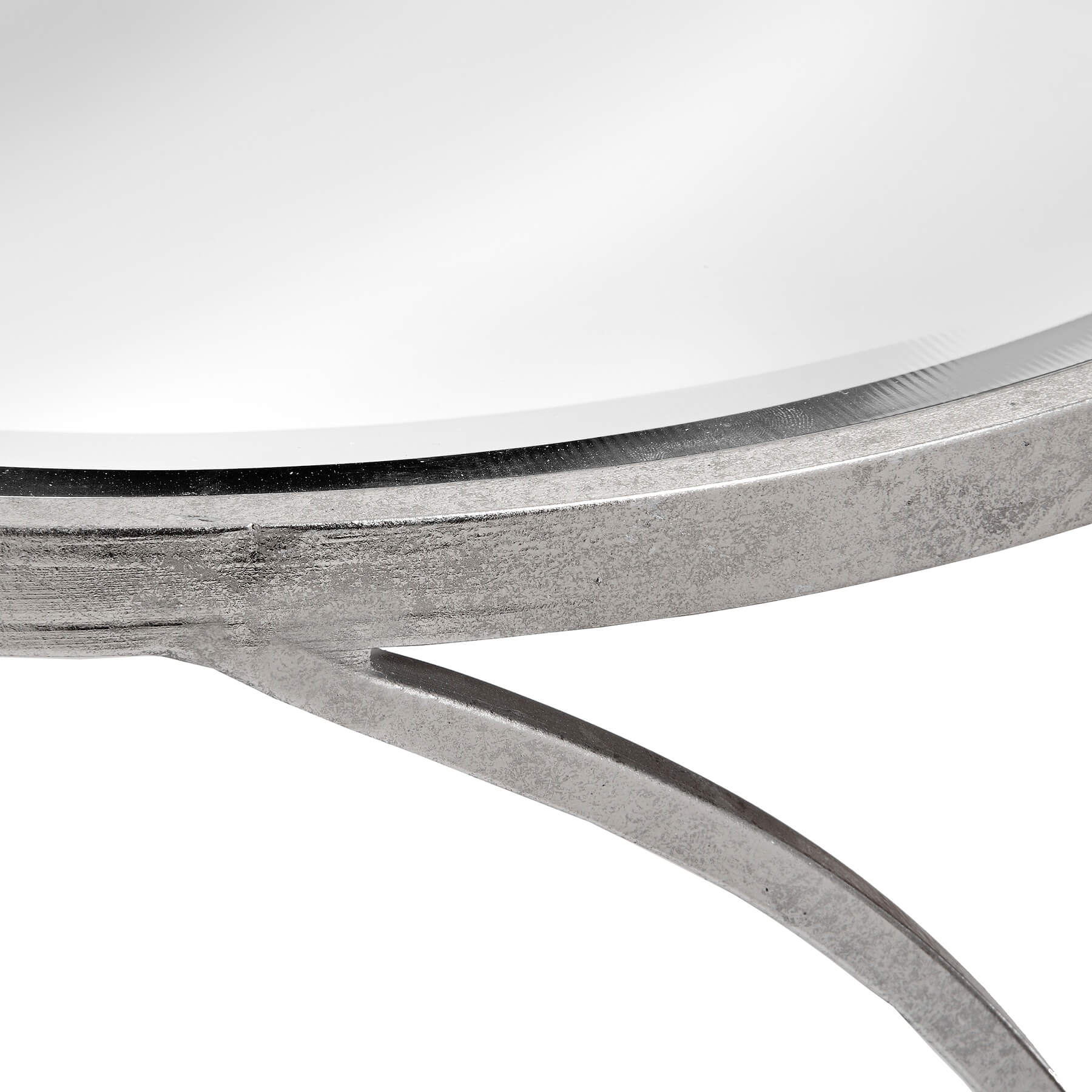 Modern silver mirrored side tables with curved metal frame, set of two for contemporary living room decor by RoomLondon at brixbailey.com