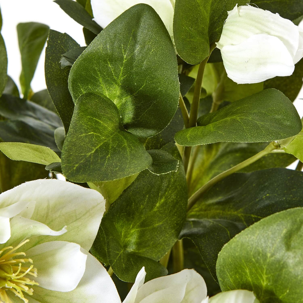 Lifelike faux Hellebore plant with white blooms in grey ceramic pot, perfect for home decor by sostter at brixbailey.com
