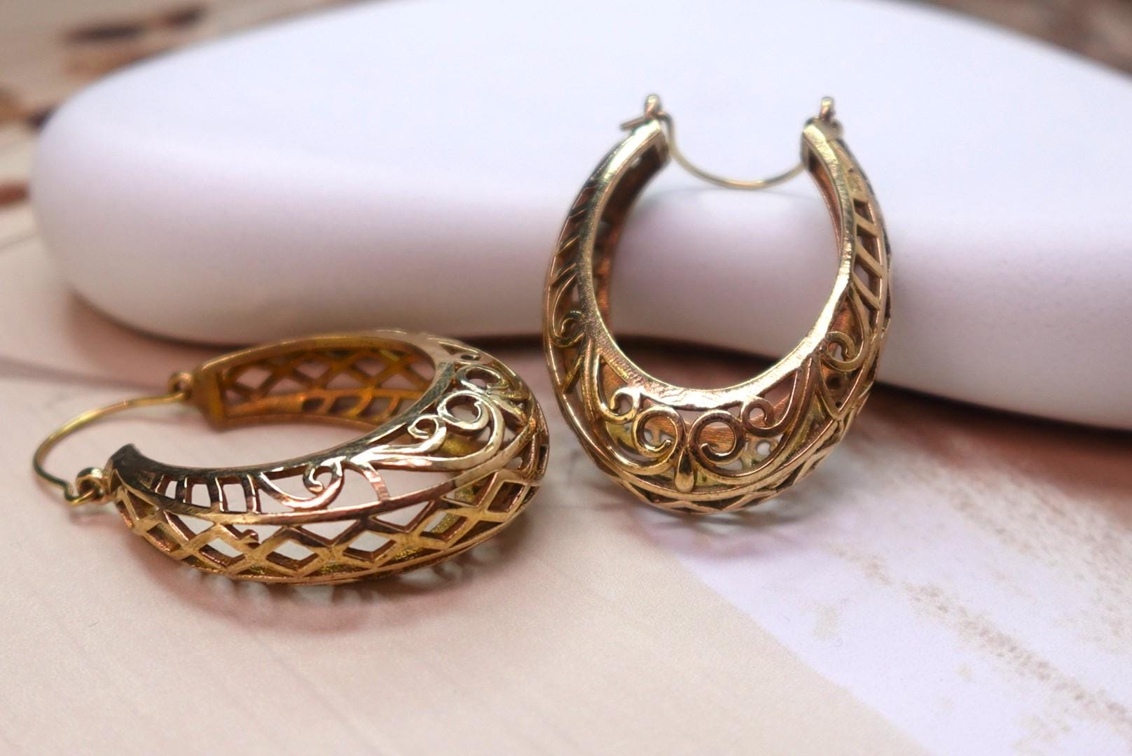 Filigree Brass Crescent Drop Hoop Earrings