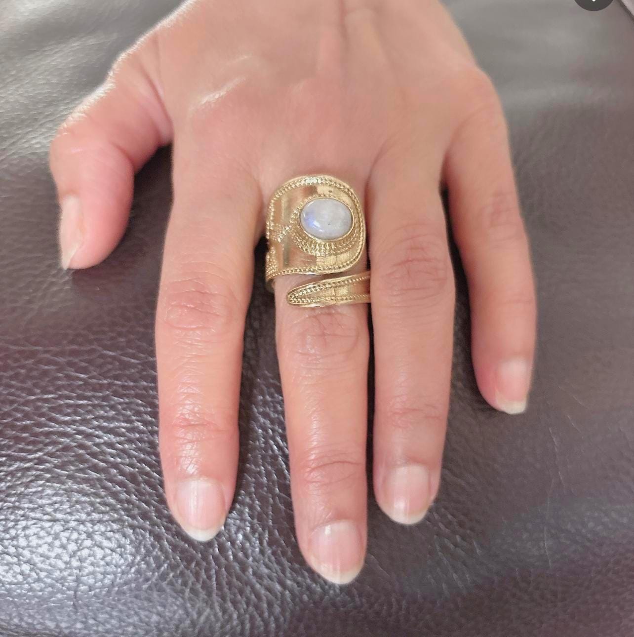 Handcrafted Brass Adjustable Ring with Moonstone