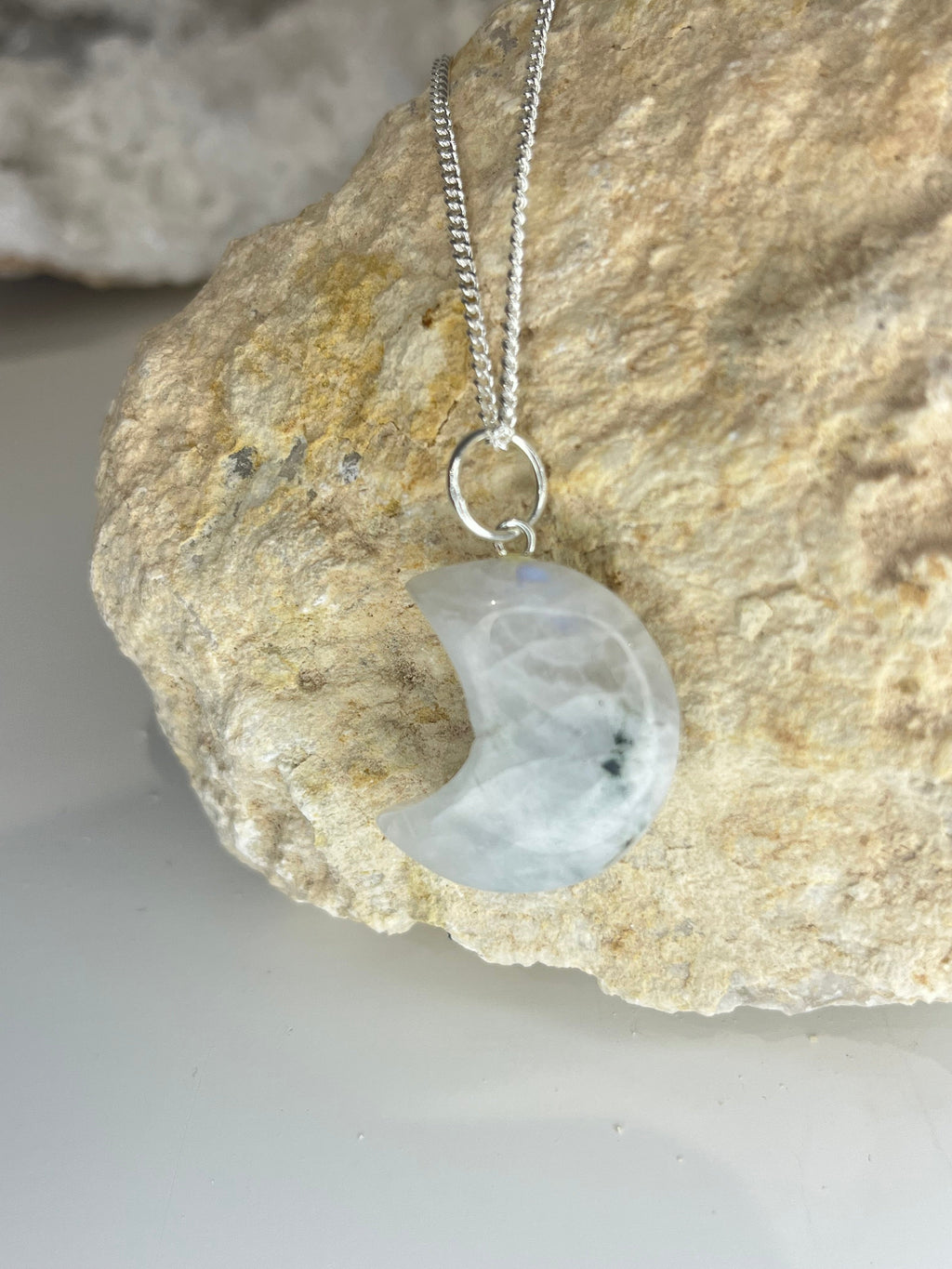 Moonstone Crescent Moon Necklace in Silver Plate