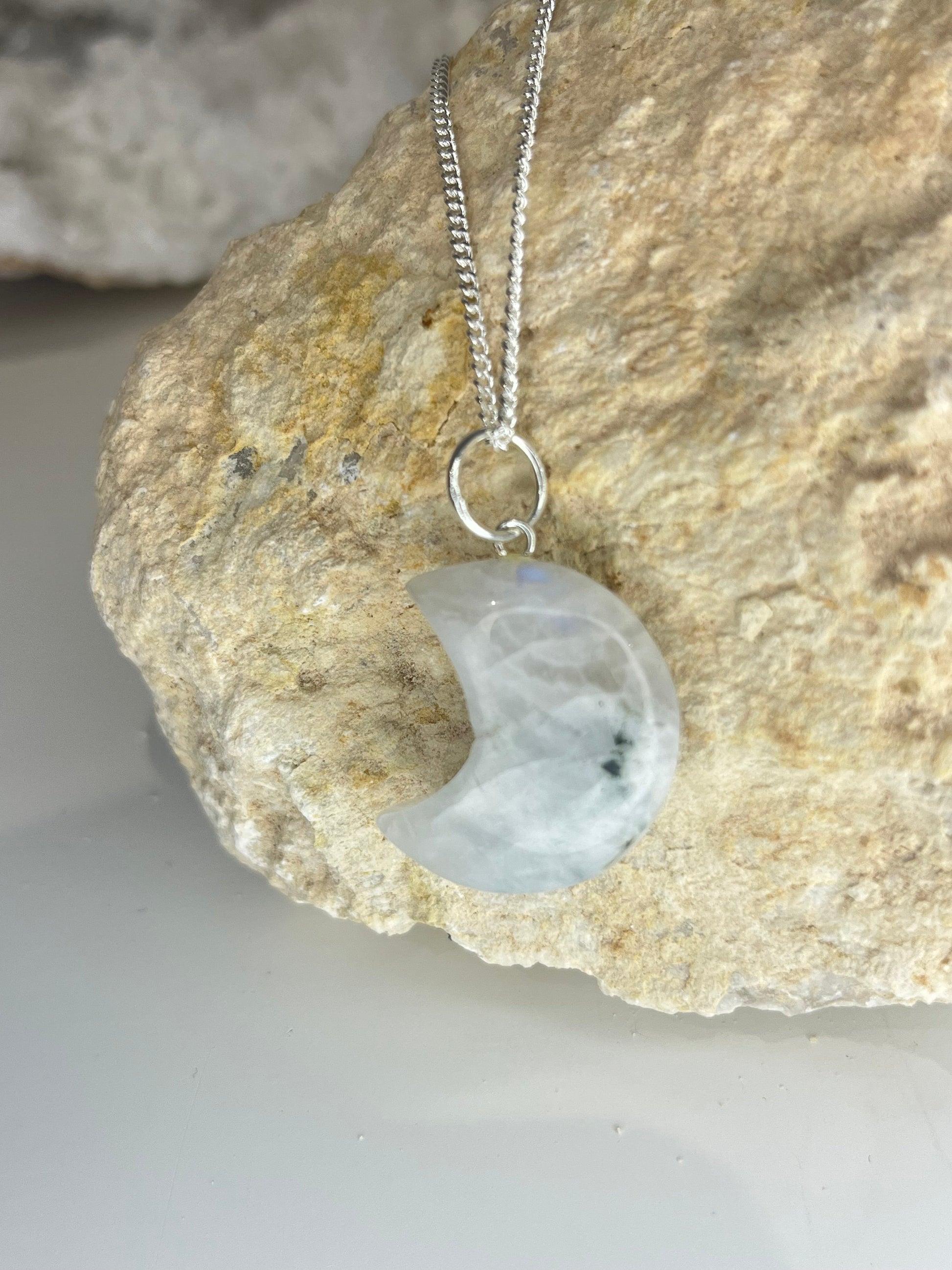 Moonstone Crescent Moon Necklace in Silver Plate
