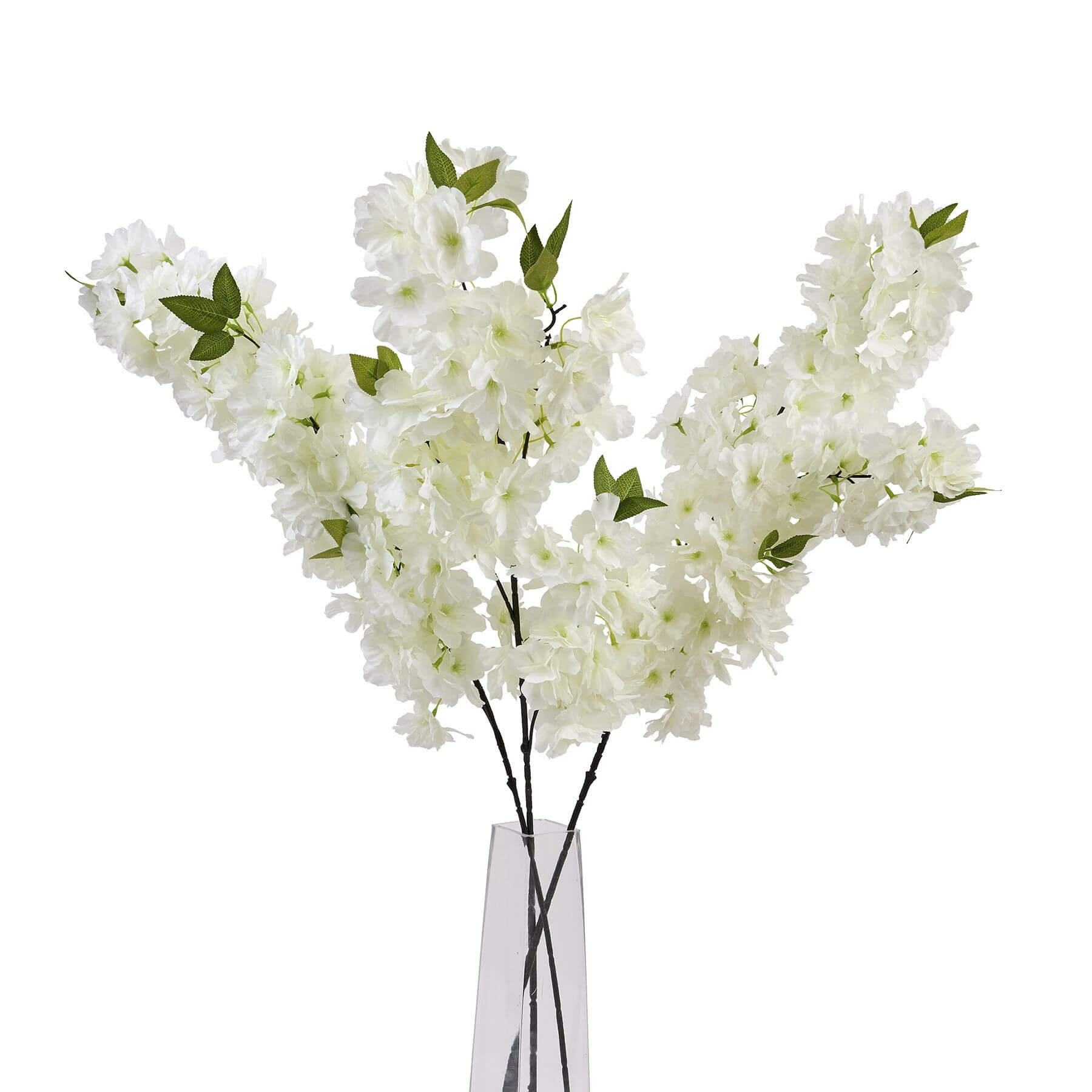 White plastic cherry blossom stem with cascading petals, 100 cm tall, ideal for spring floral arrangements.by Sostter at brixbailey.com