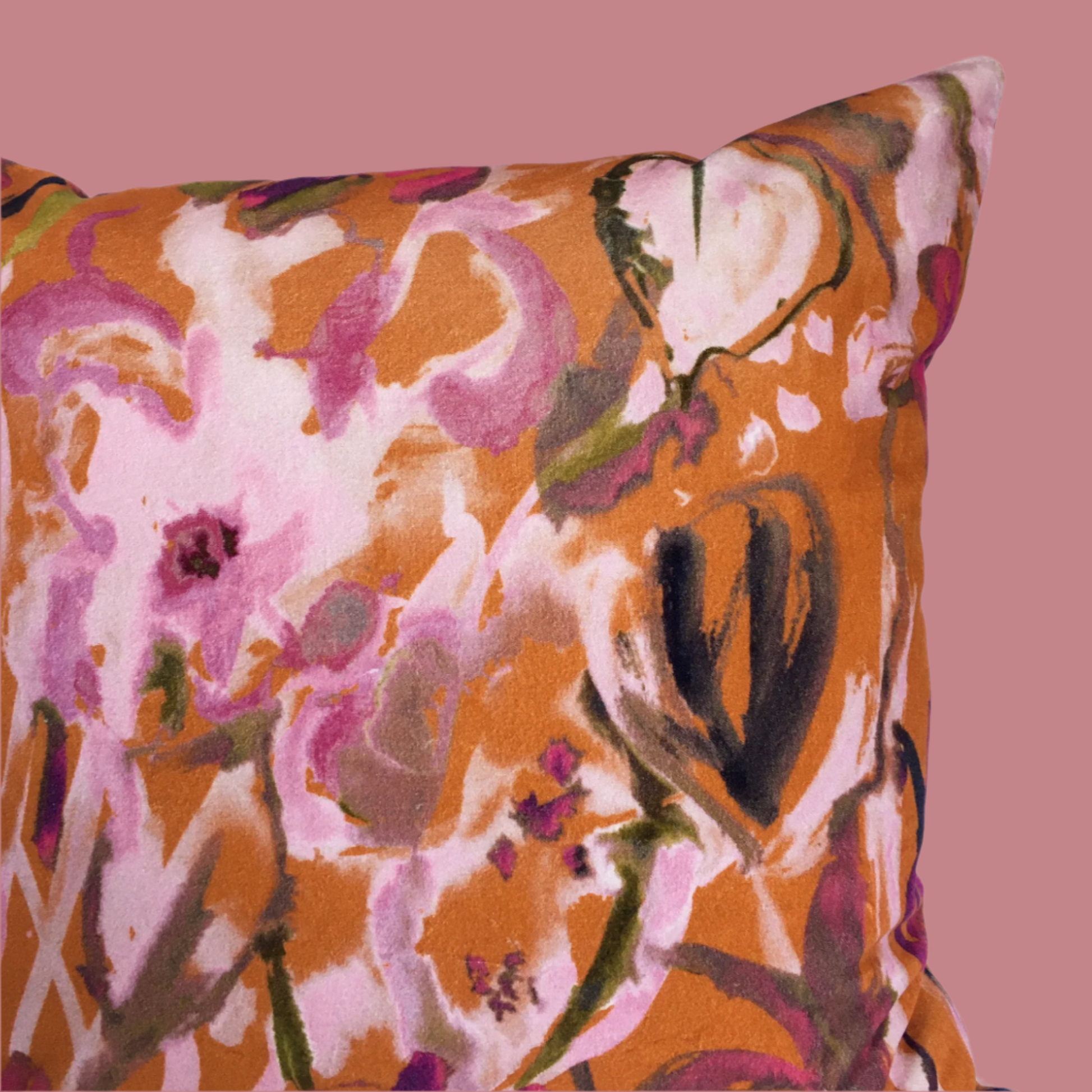 Large Watercolour Floral Velvet Cushion - Burnt Orange