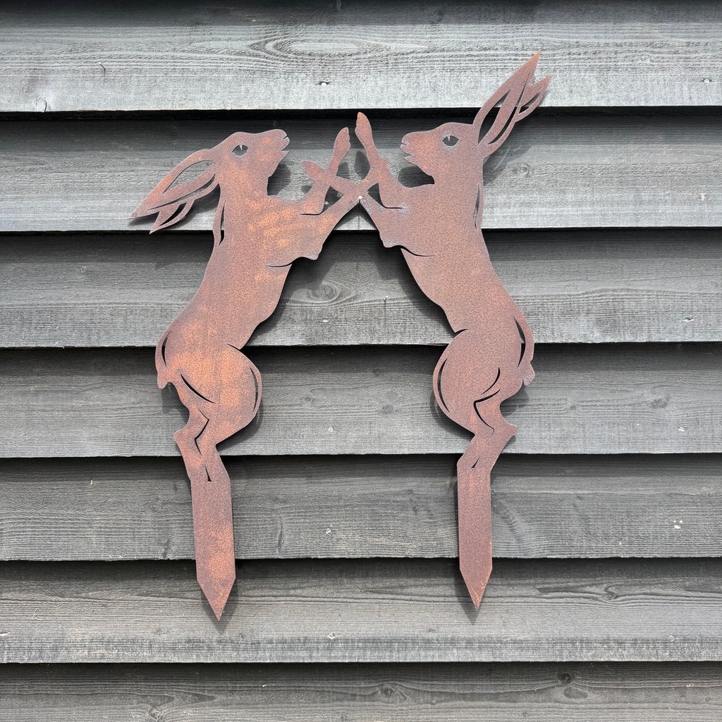 Rusty Metal Boxing Hares Garden Decoration