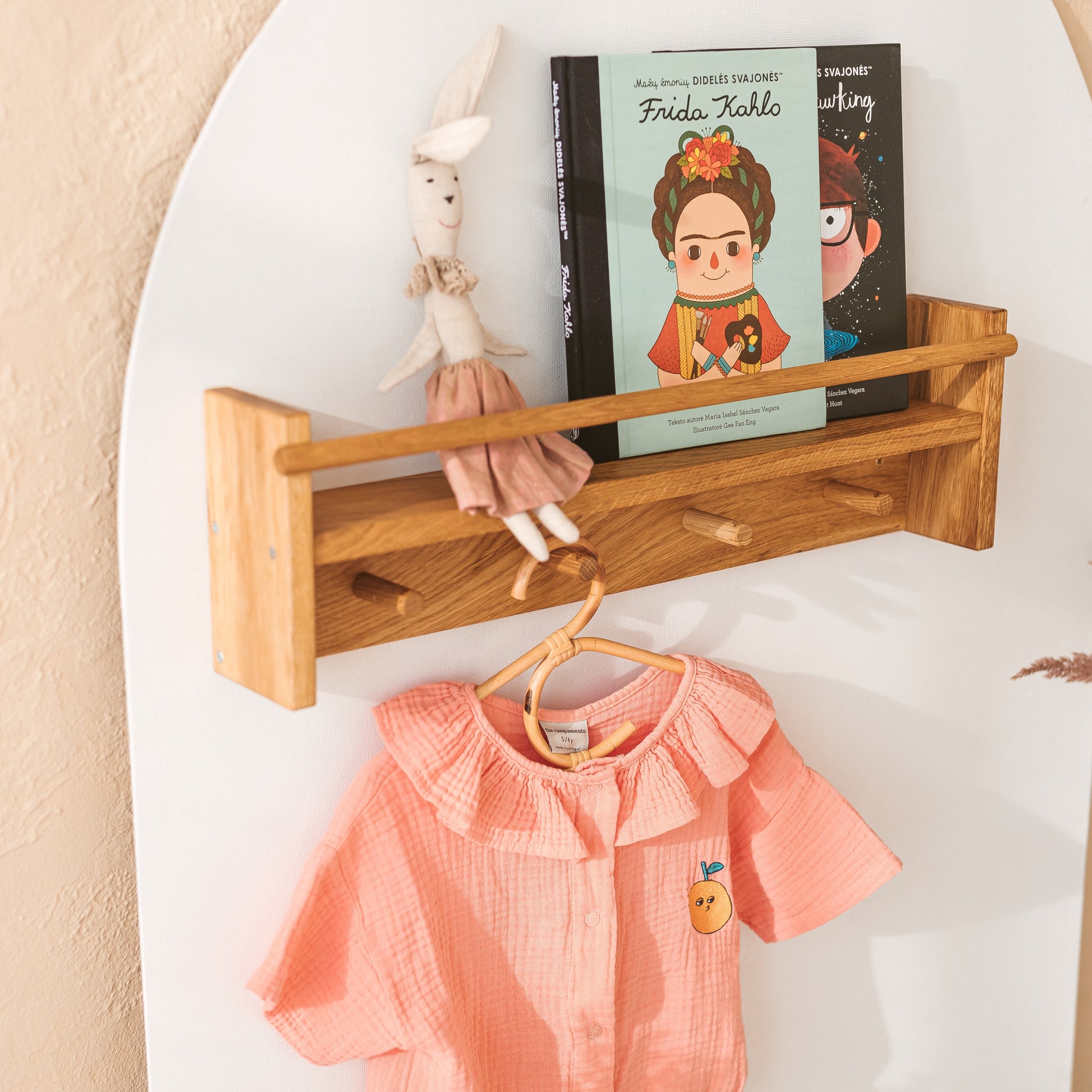 Floating Kids Bookshelf with Coat Hooks in Solid Oak