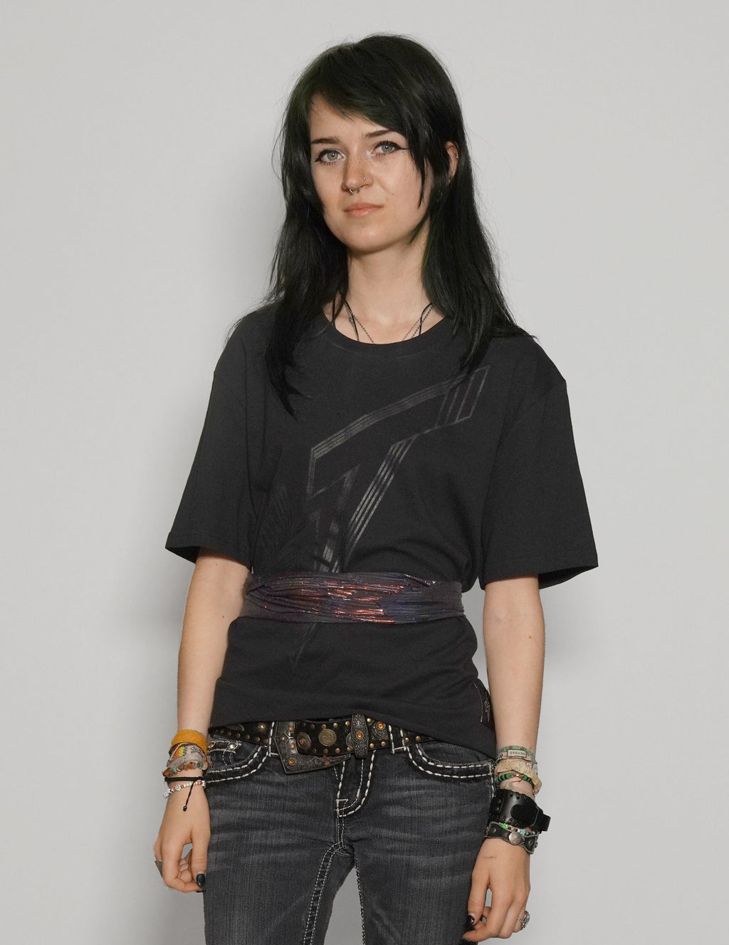 Black Cropped Tie Tee with Blue and Gold Silk Sequin Detail