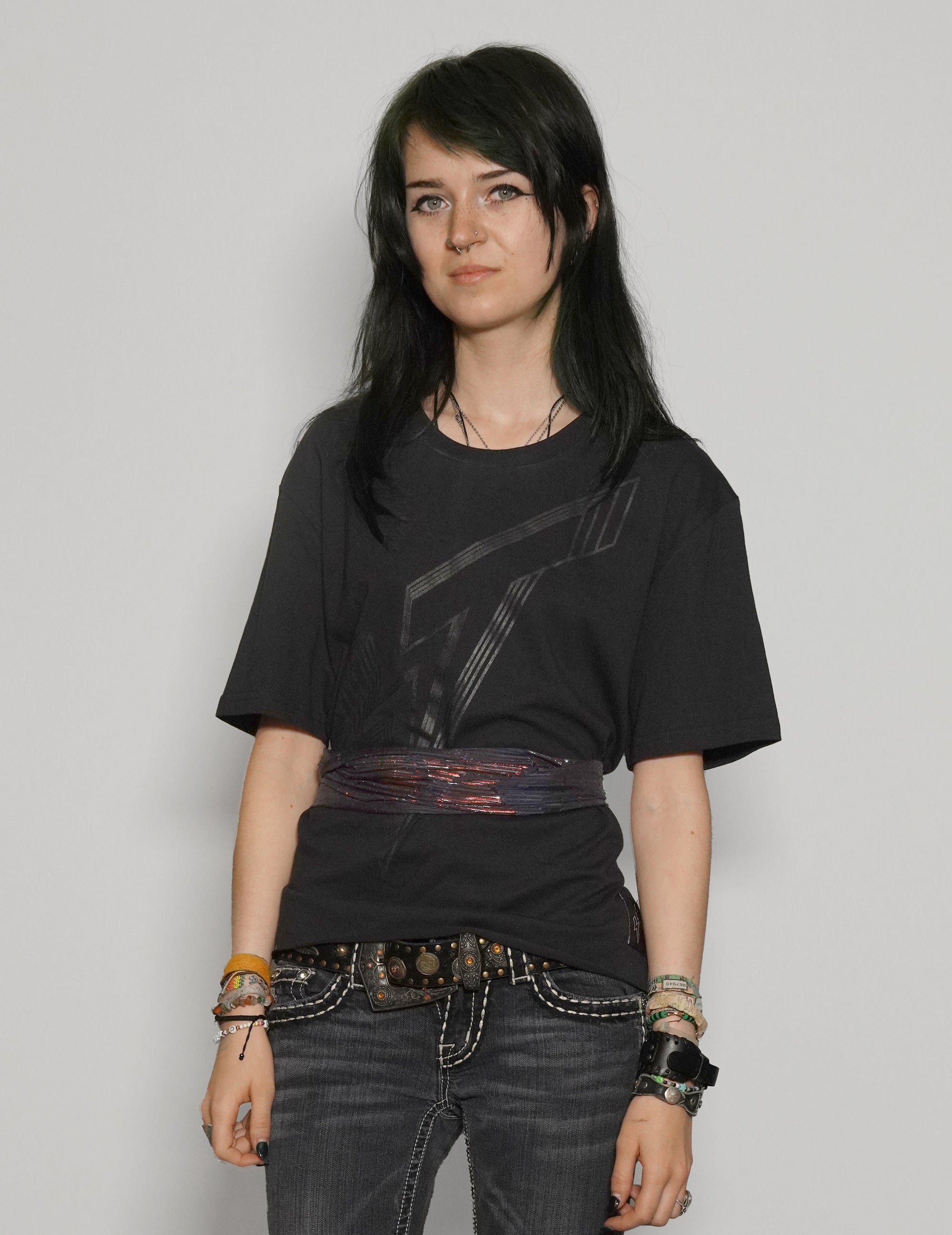 Black Cropped Tie Tee with Blue and Gold Silk Sequin Detail