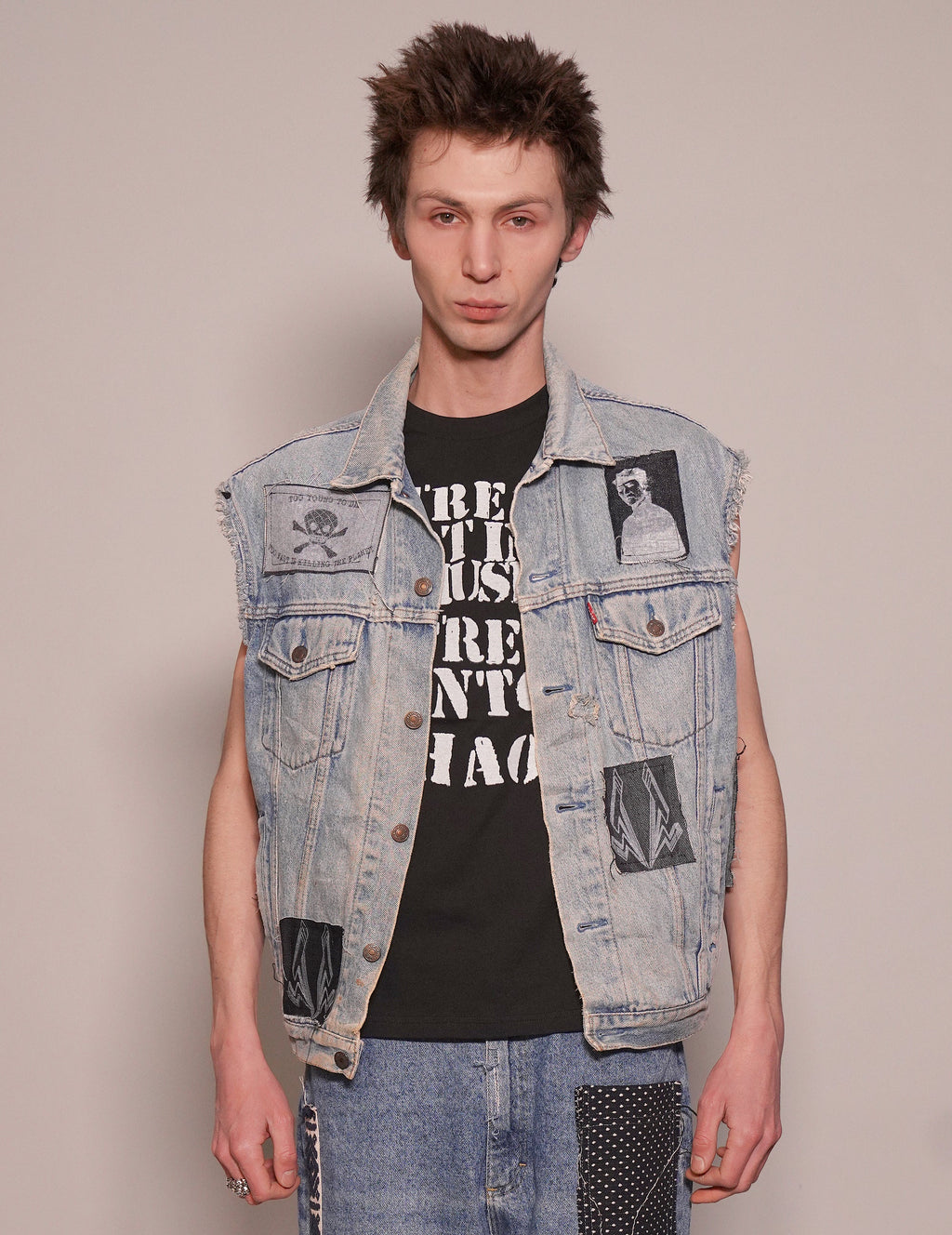 Vintage Hand Painted Denim Jacket Vest with Sex Pistols Quote