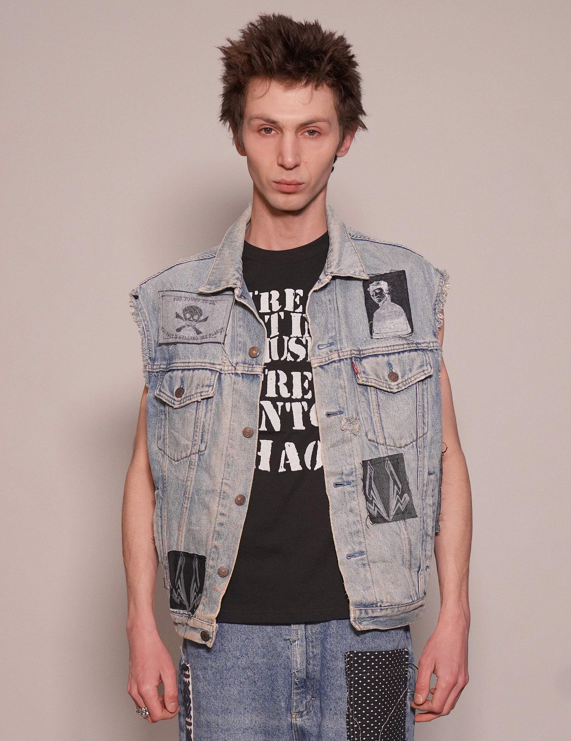Vintage Hand Painted Denim Jacket Vest with Sex Pistols Quote