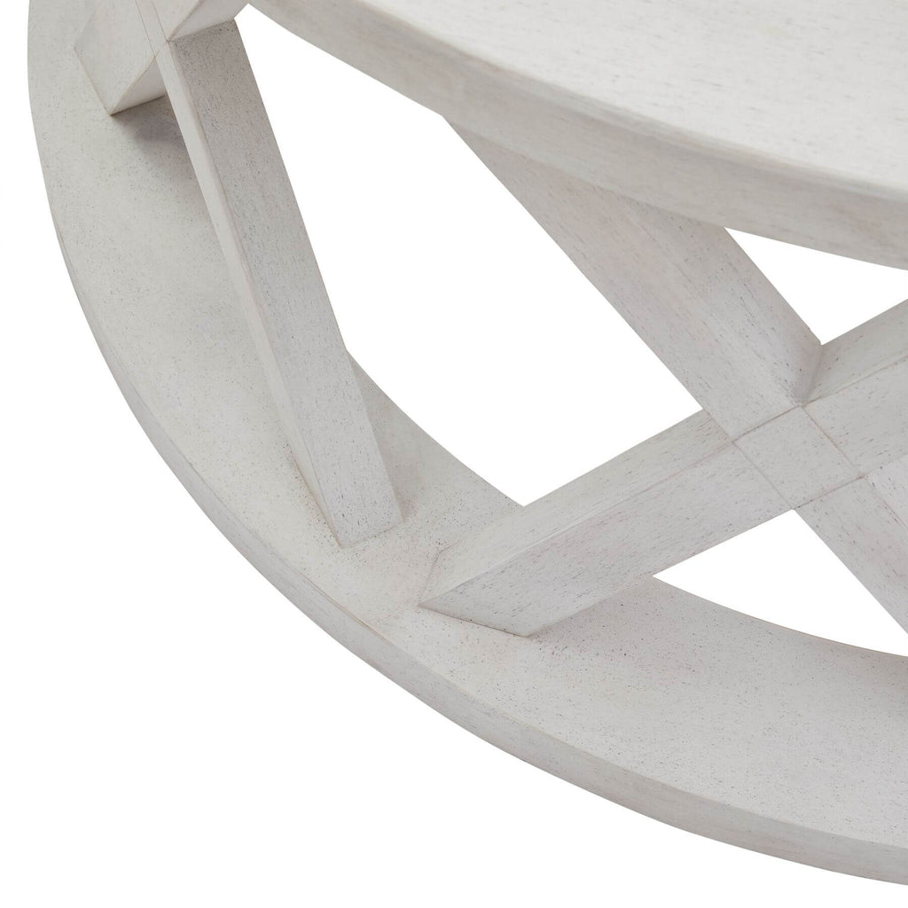 Distressed white pine round coffee table with lattice pattern, rustic modern design, 100cm diameter by RoomLondon at brixbailey.com
