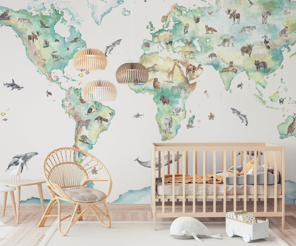 Wildlife World Map Mural Wallpaper for Children