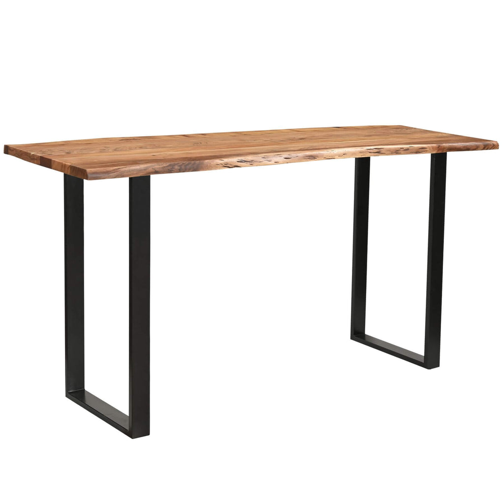 Live edge acacia wood bar table with black metal base, showcasing natural grain in modern rustic style  by RoomLondon at brixbailey.com