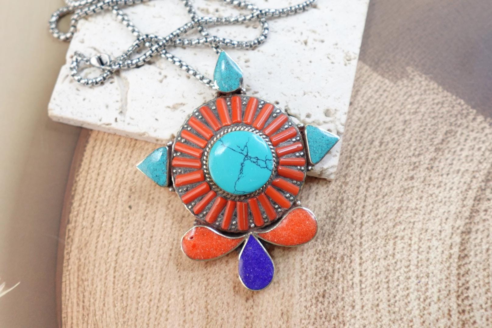 Large Traditional Tibetan Pendant Natural Coral Turquoise