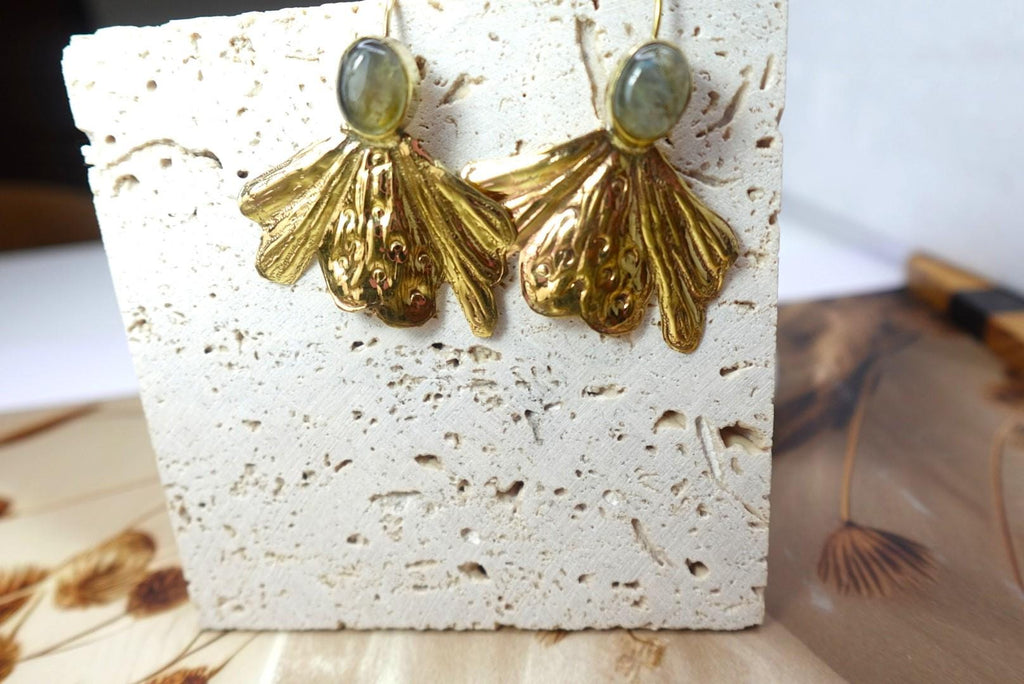 Textured Gold Bloom Earrings with Moonstone and Labradorite Tops