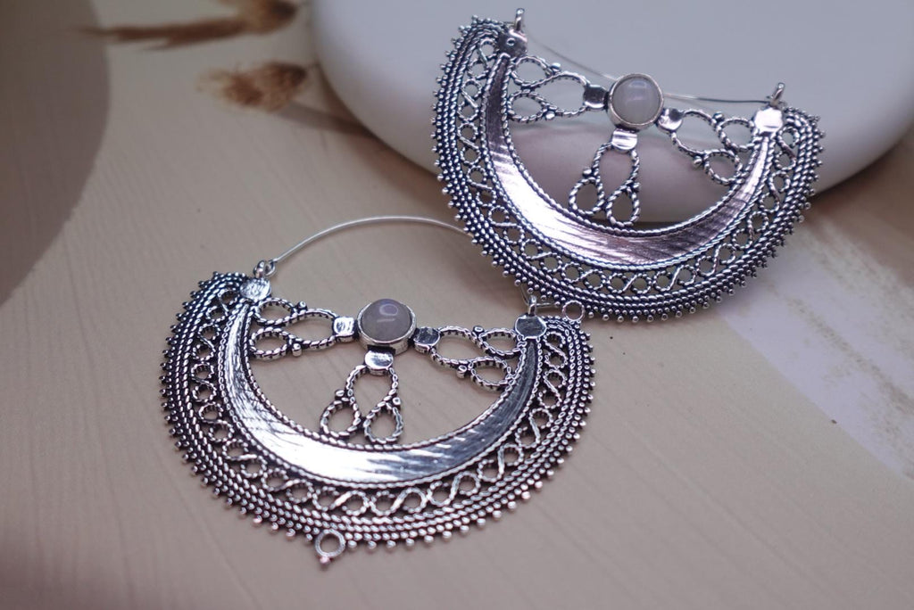 Filigree Crescent Moon Earrings with Gemstone
