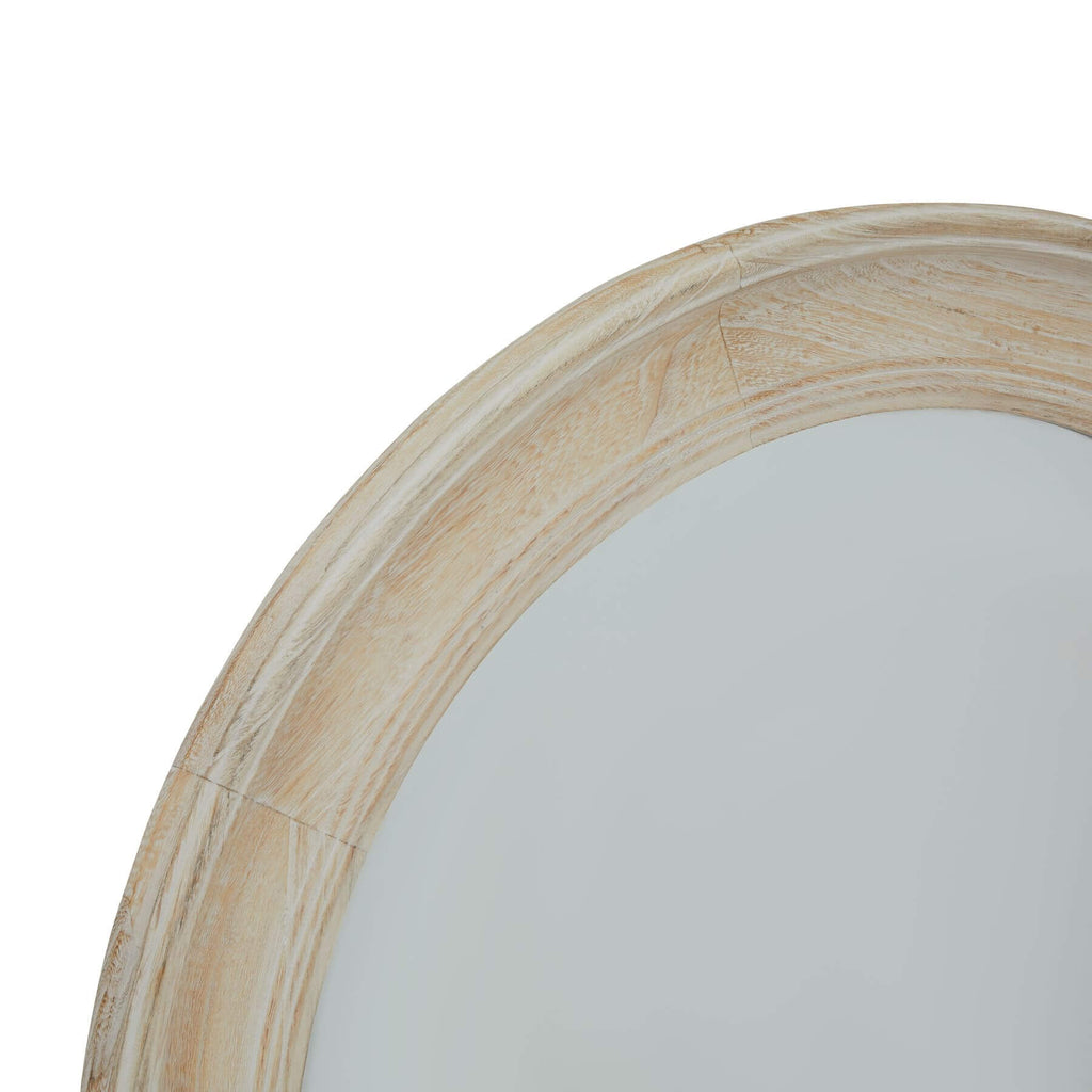 Washed wood round mirror with antique white finish, 90cm diameter, distressed detailing on solid wood frame. by RoomLondon at brixbailey.com